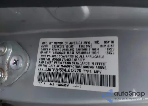 2010 Honda Accord Crosstour Ex-L из США, поврежденный, VIN 5J6TF2H58AL013726